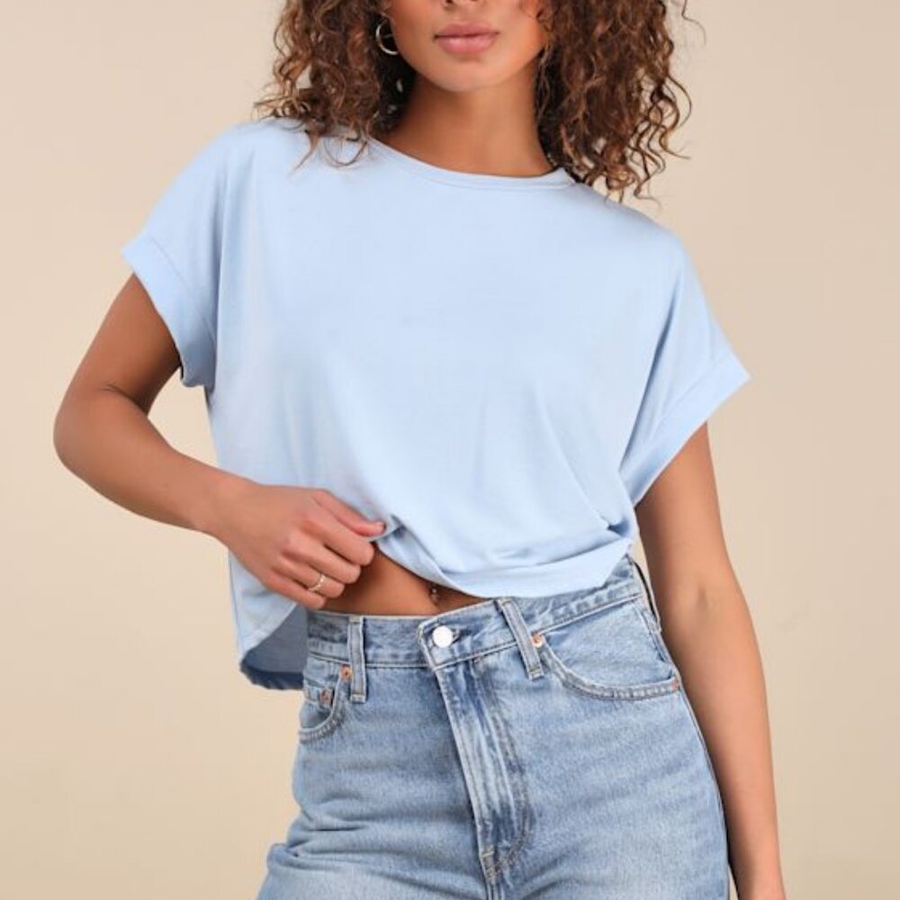 Lulus Cool Instincts Light Blue Short Sleeve Top - Size S